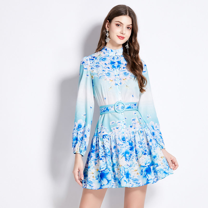 Original Design Spring/Summer Autumn Vacation New Flower Oil Painting Style Stand up Collar Long Dress
