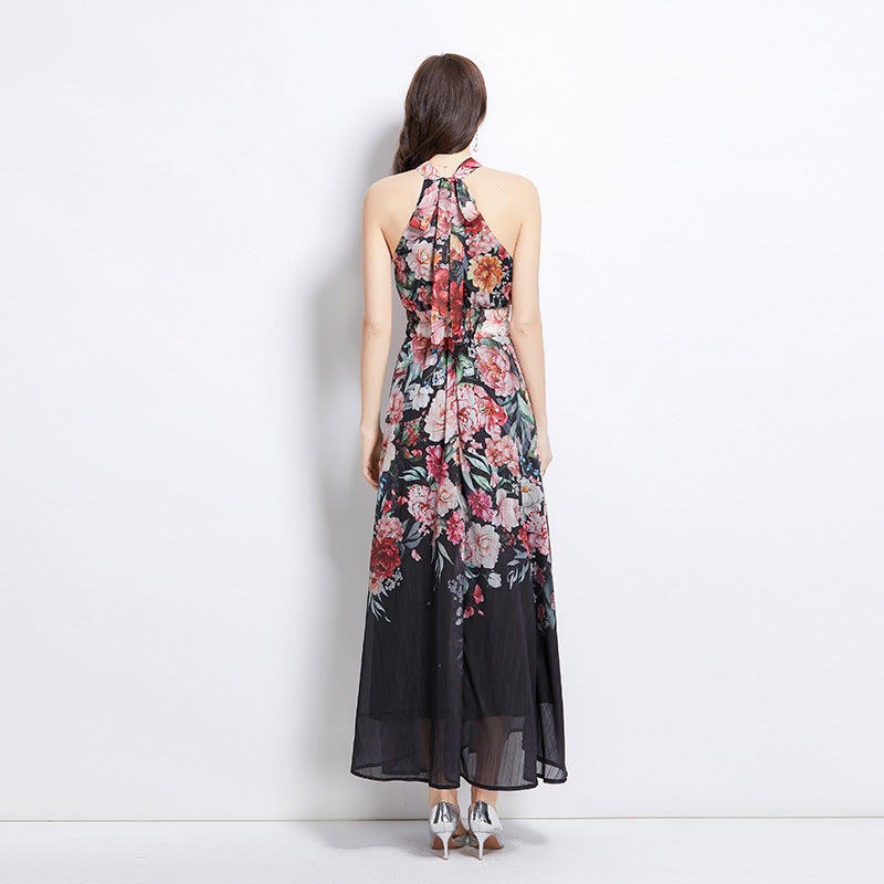 Original Design Spring/Summer Vacation New Oil Painting Flower Printed Hanging Neck Long Dress