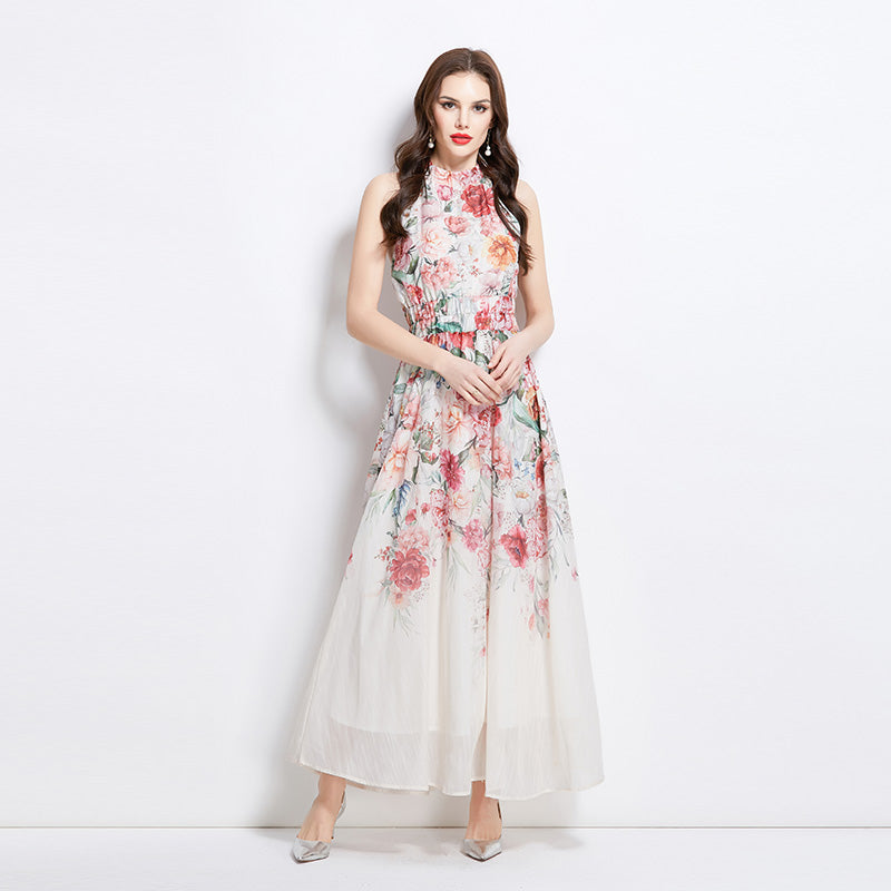 Original Design Spring/Summer Vacation New Oil Painting Flower Printed Hanging Neck Long Dress