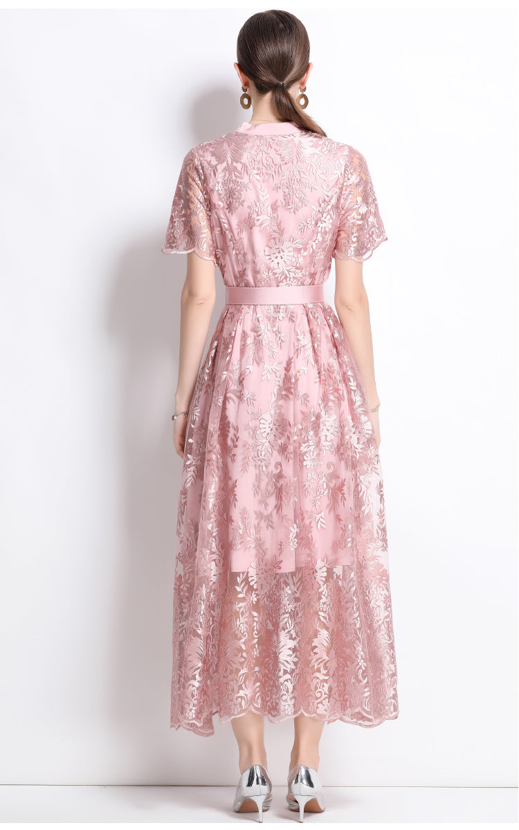 Original design mesh embroidered long dress with pockets, V-neck slim fit dress and belt