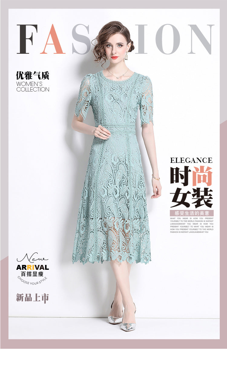 Original design temperament short sleeved skirt slim fit waist cinching heavy industry water-soluble lace dress for women