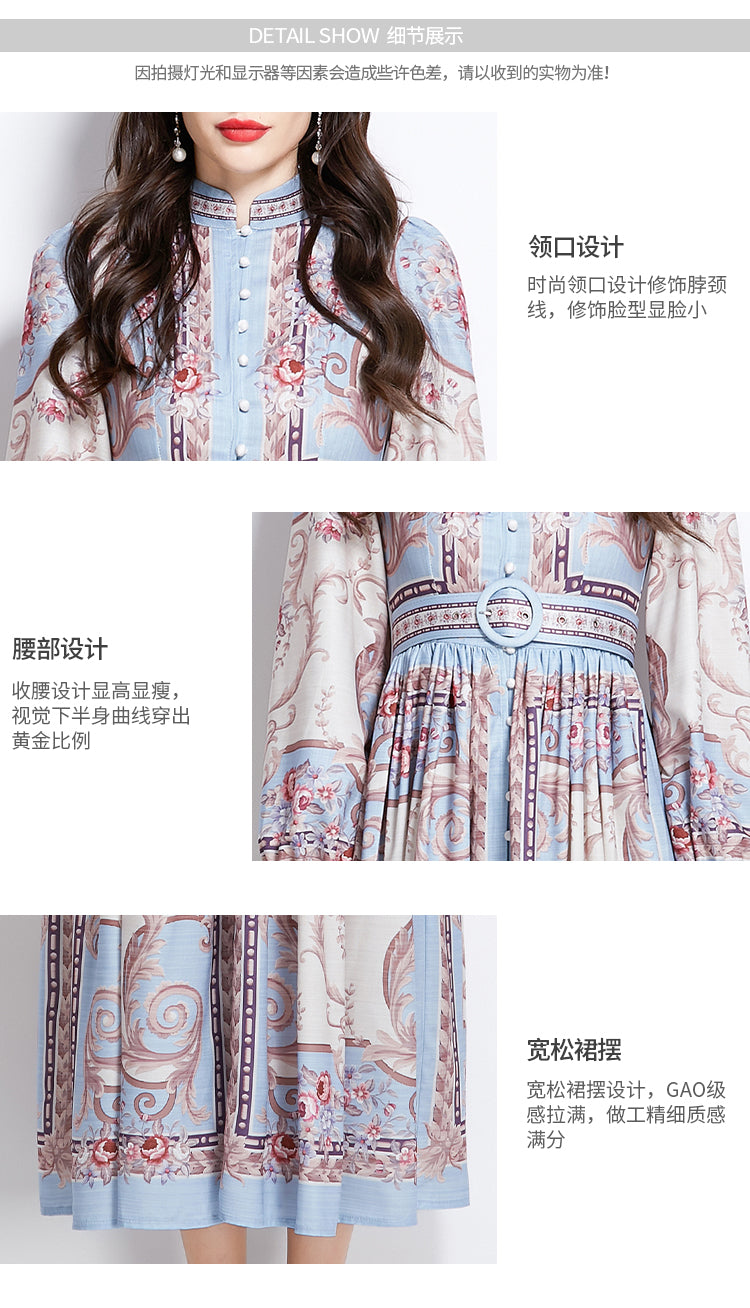 Original design: Spring/summer new court-style pattern stand-up collar long dress
