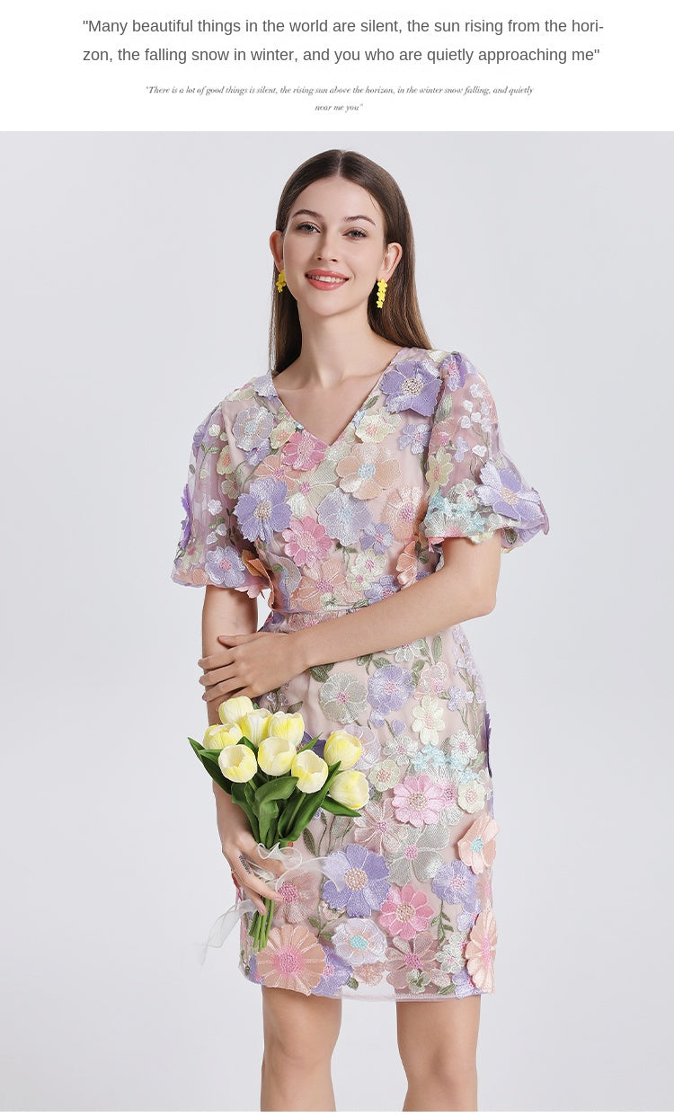 Original Design Heavy Industry Embroidery Boutique Handmade Color Customized Flower V-neck Bubble Sleeve Wrap Hip Dress