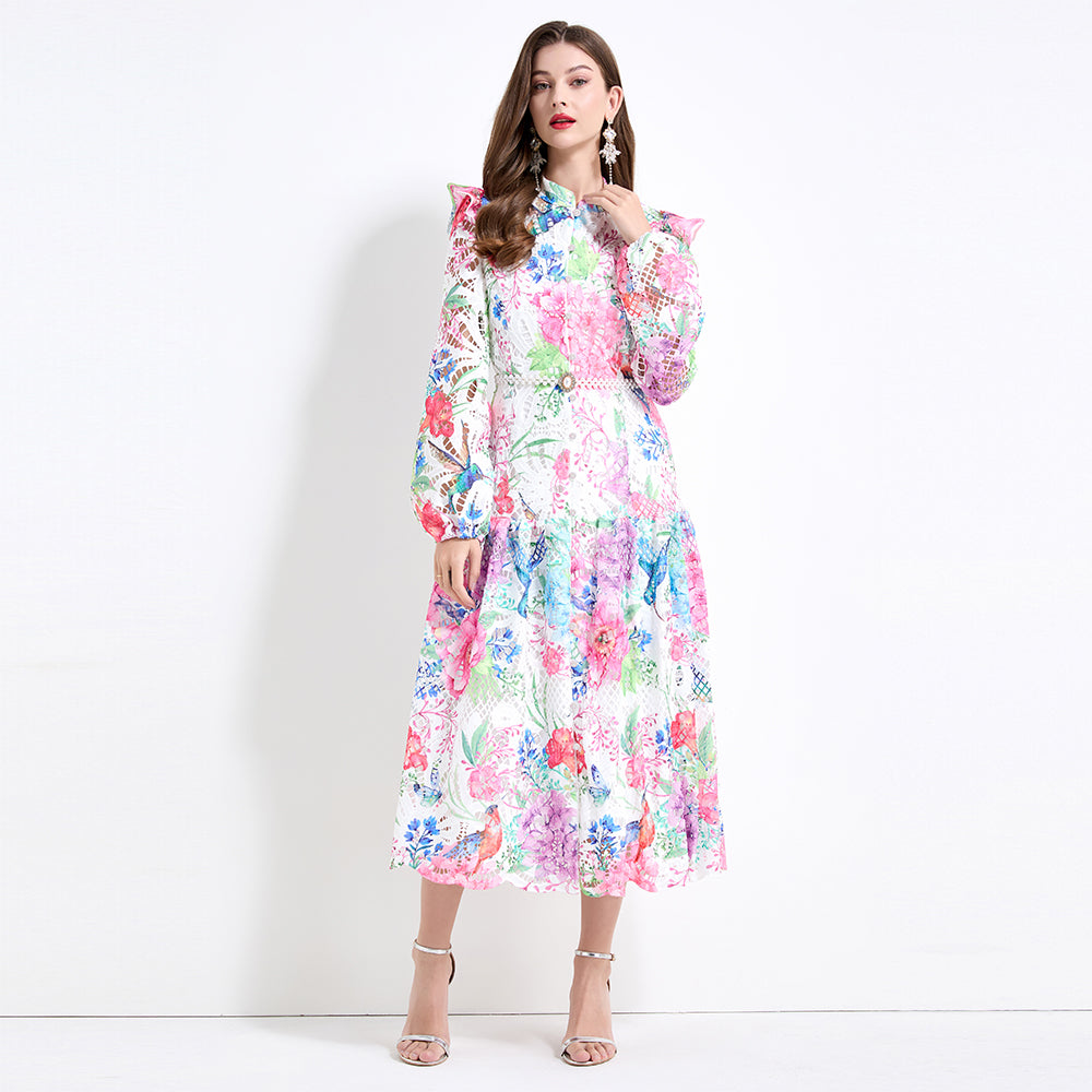 Original design - Spring/Summer vintage stand collar floral print heavy industry water-soluble long waist lace dress