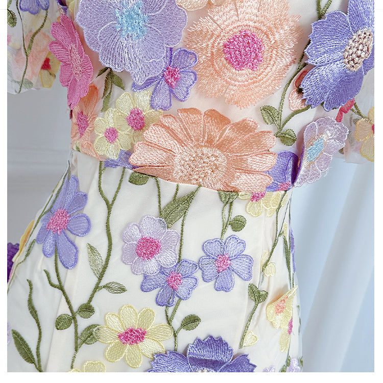 Art embroidery boutique color hand-ordered vintage V-neck slit wrap hip dress