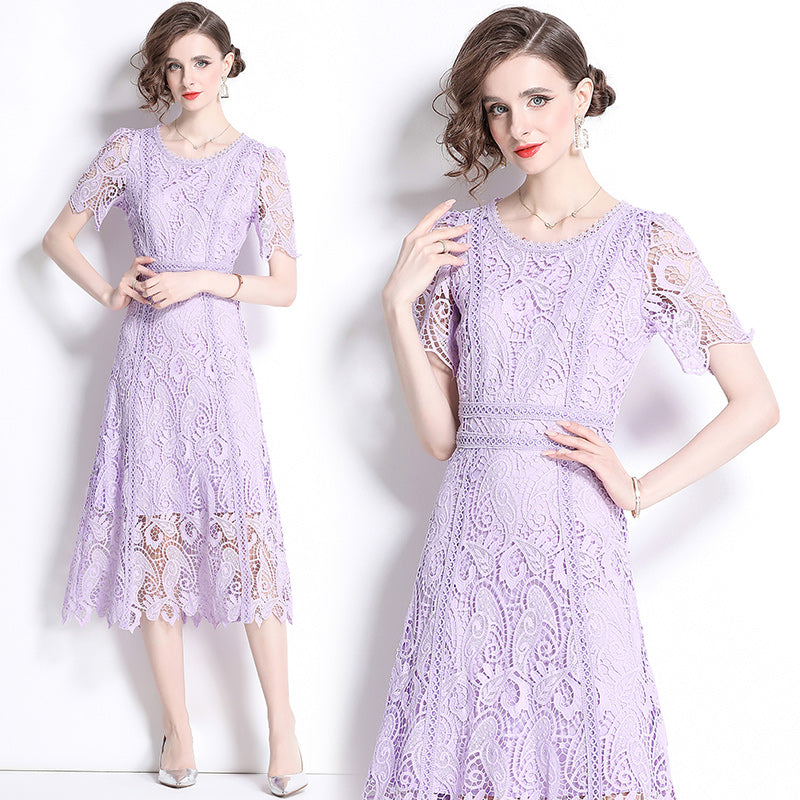 Original design temperament short sleeved skirt slim fit waist cinching heavy industry water-soluble lace dress for women