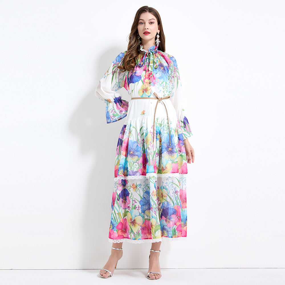 Original design - spring and summer fake lace cake skirt floral print waist ruffle skirt