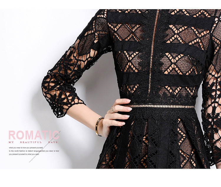 Original design mid long sleeved slimming hollow out water-soluble lace positioning printed mid length dress for spring, summer, autumn vacation
