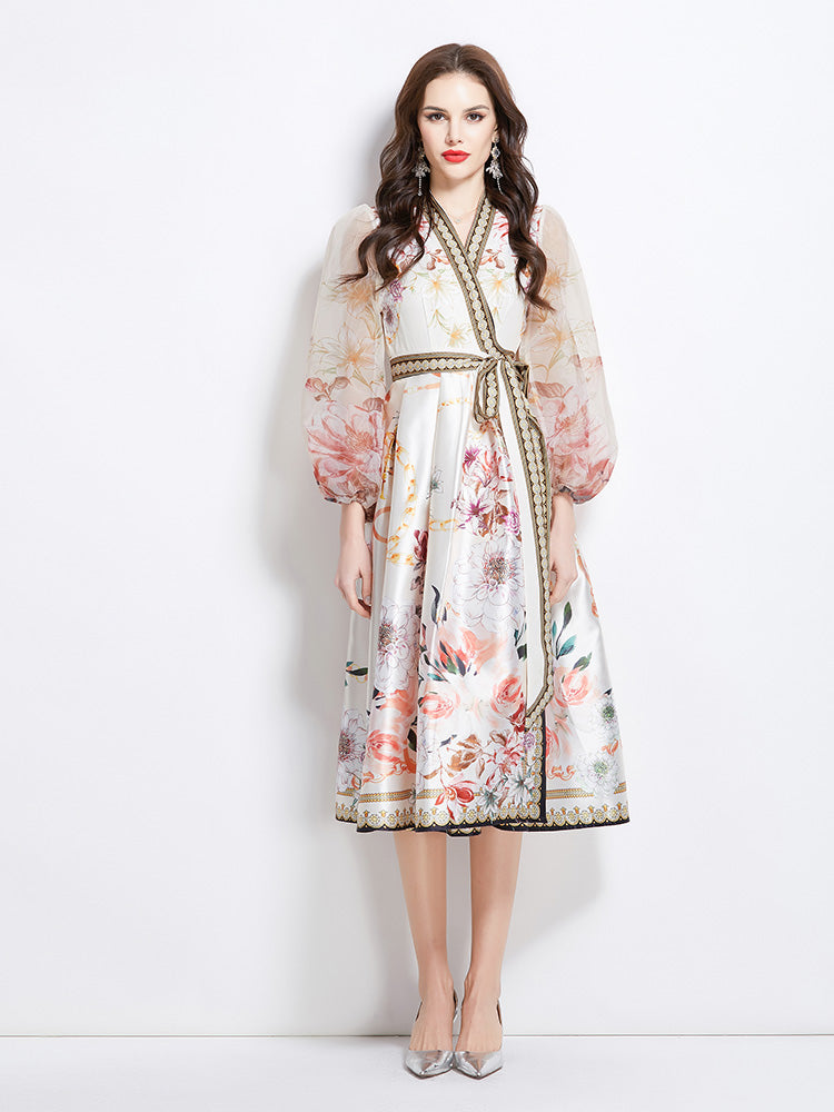 Original design for spring and summer V-neck ethnic style printed satin wrapped long length dress