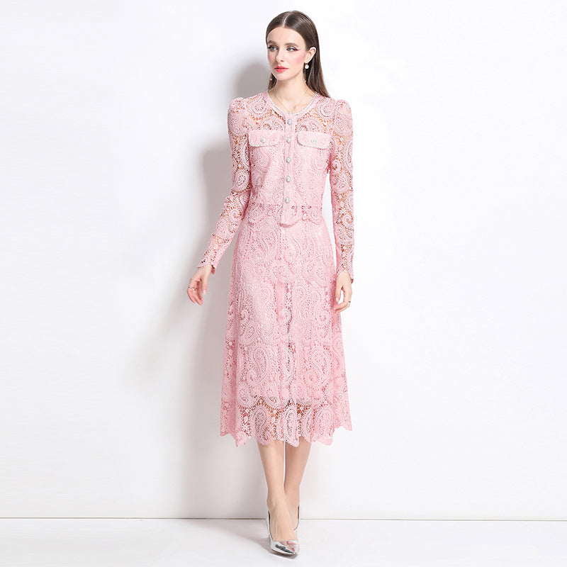Original design for spring and summer small fragrance style set light luxury and high-end water-soluble lace skirt two-piece set