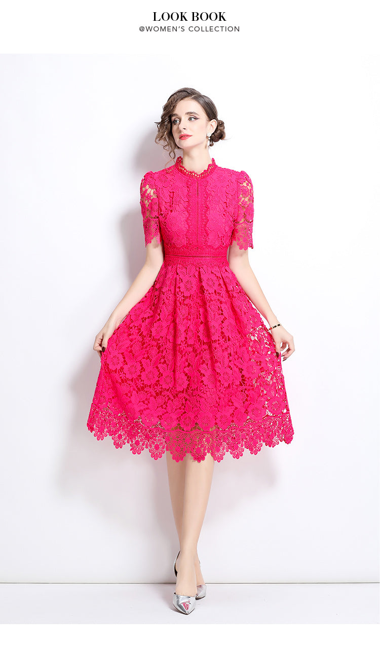 Original design short sleeved slimming hollow out water-soluble lace positioning mid length dress