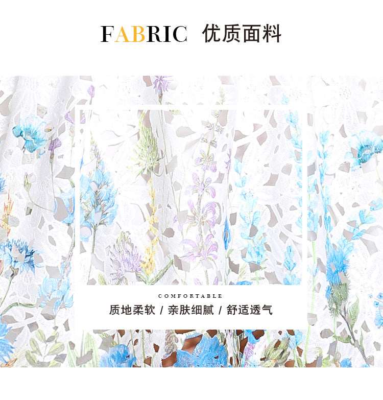 Original design mid long sleeved fashionable slimming hollow out water-soluble lace positioning mid length dress