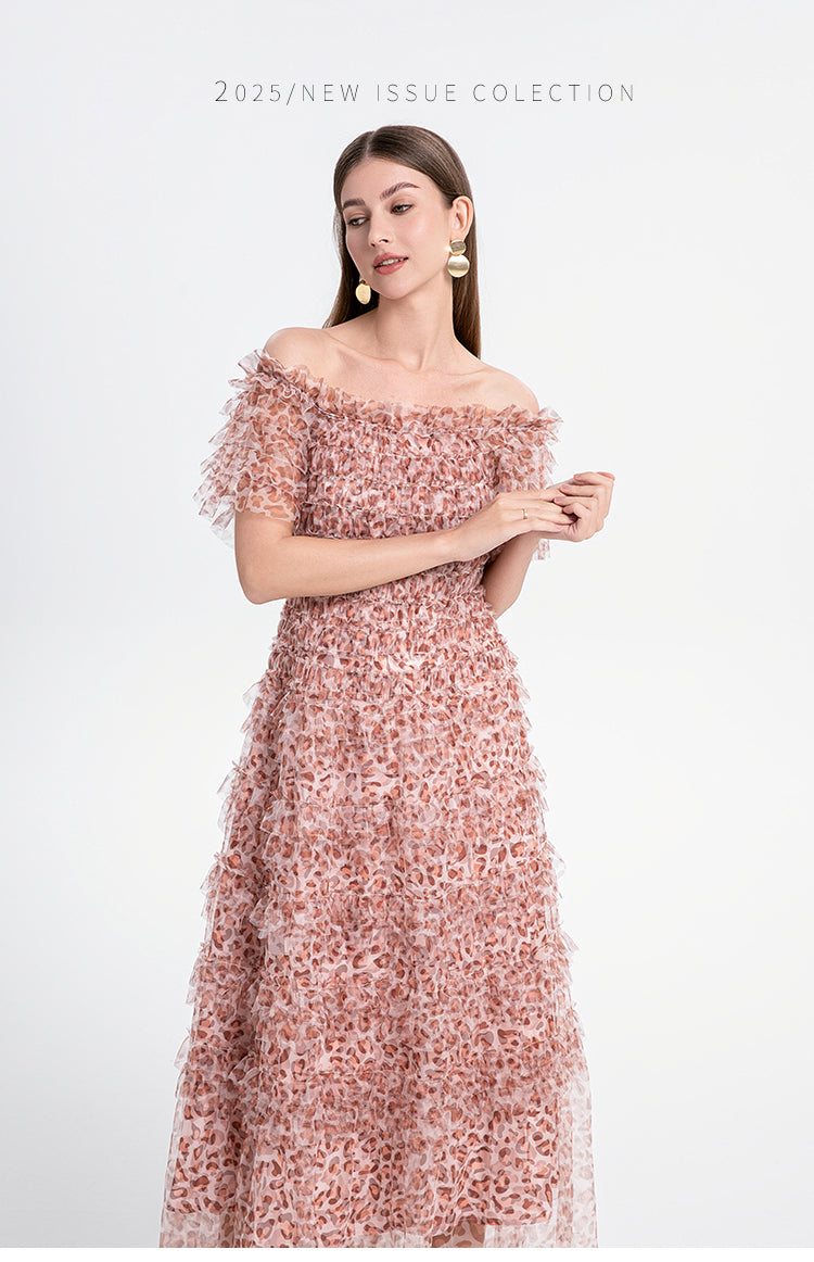 Beautiful French leopard print puff sleeve one-shoulder mesh temperament dress