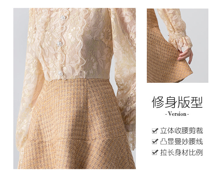 Original Design Heavy Industry Boutique Lace Splicing Coarse tweed Temperament Fake Two Small Fragrant Nail Bead Dresses