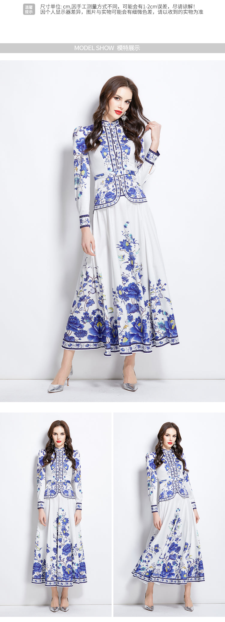 Original design for spring and summer ethnic style shirt top mid length skirt set