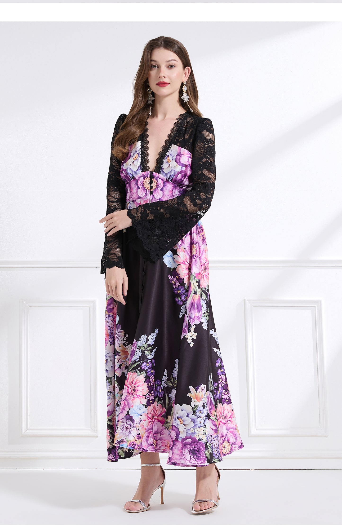 Original design - resort-inspired lace patchwork print cinched waist maxi dress with ruffles