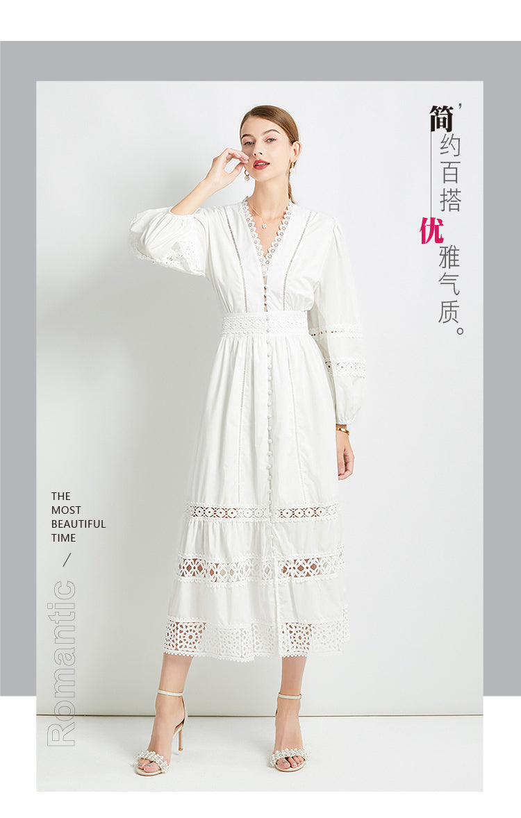 Original design fashionable temperament V-neck patchwork lace hollow out design sense long sleeved waist cinching dress