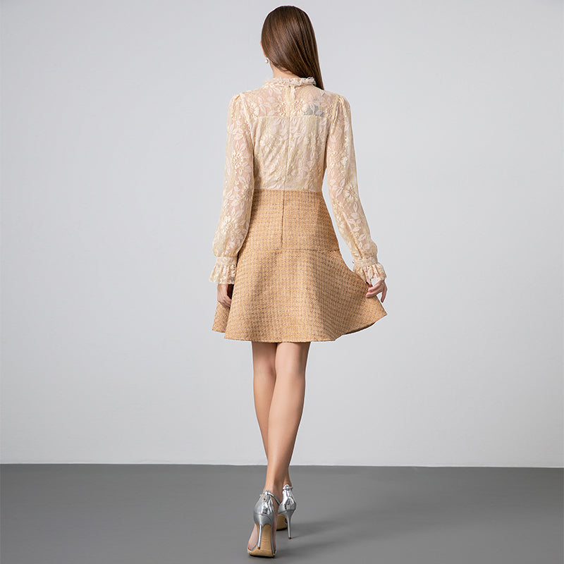 Original Design Heavy Industry Boutique Lace Splicing Coarse tweed Temperament Fake Two Small Fragrant Nail Bead Dresses