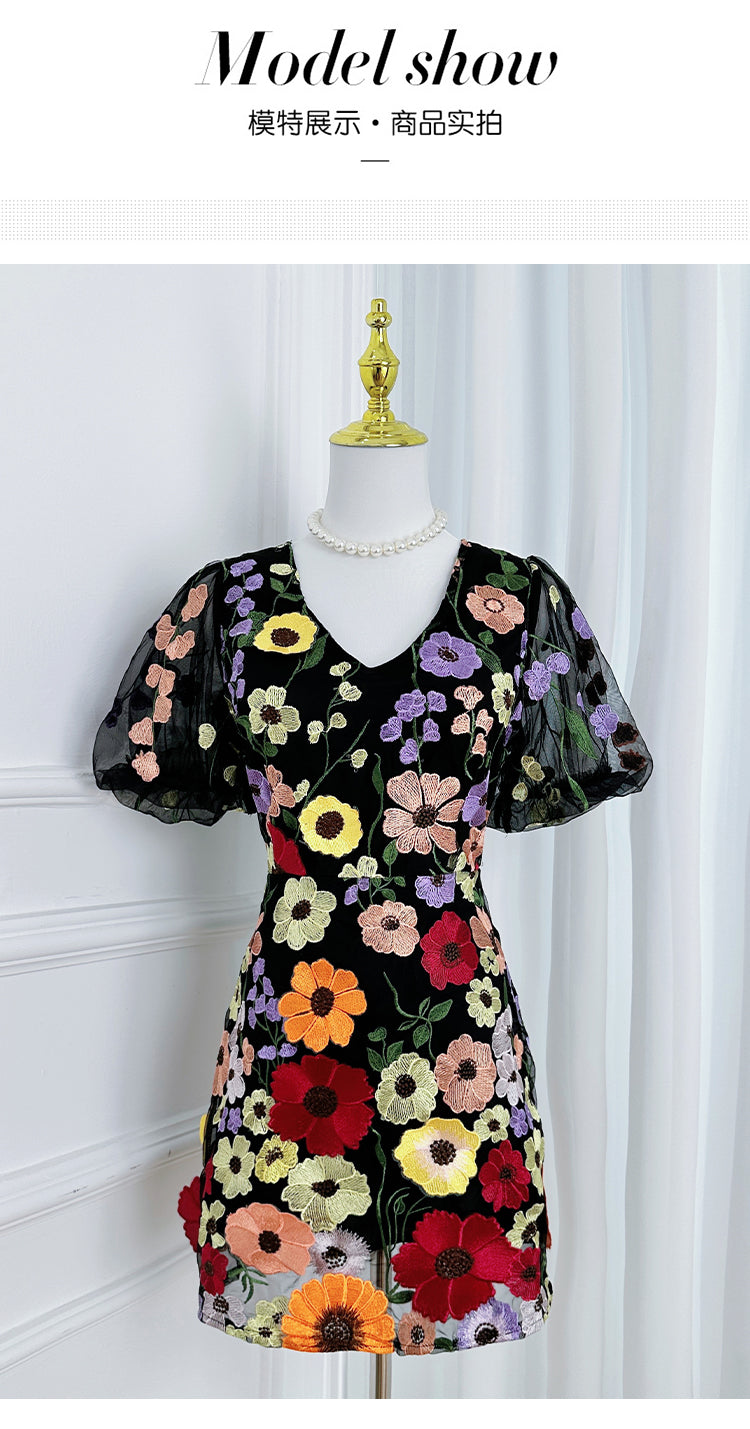 Original Design Heavy Industry Embroidery Boutique Handmade Color Customized Flower V-neck Bubble Sleeve Wrap Hip Dress