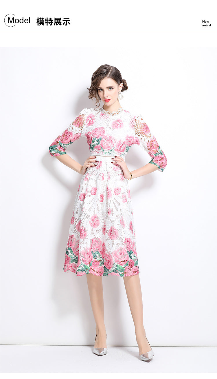 Original design mid long sleeved fashionable slimming hollow out water-soluble lace positioning mid length dress