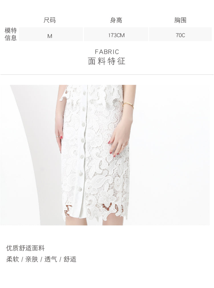 Original design for spring and summer suit collar, short sleeved, single breasted, lace waist wrapped, mid length dress