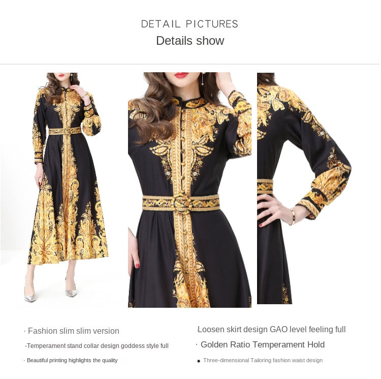 Original design: Spring, Summer, Autumn, resort style, retro stand-up collar, single-row print, wide hem maxi dress