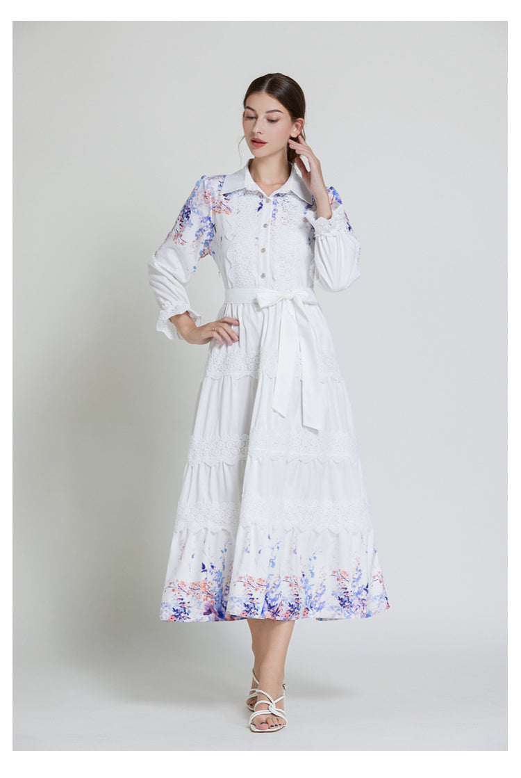 Original design fashionable bohemian lapel lace border lantern sleeves cinched waist long printed dress