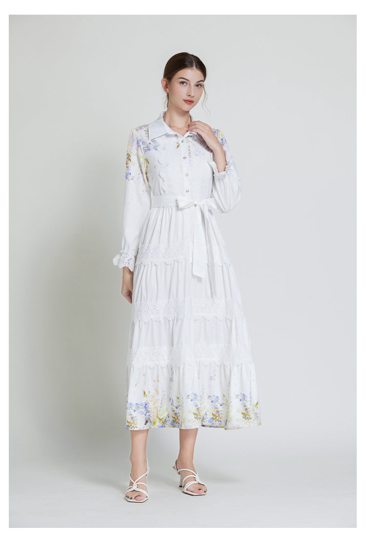 Original design fashionable bohemian lapel lace border lantern sleeves cinched waist long printed dress