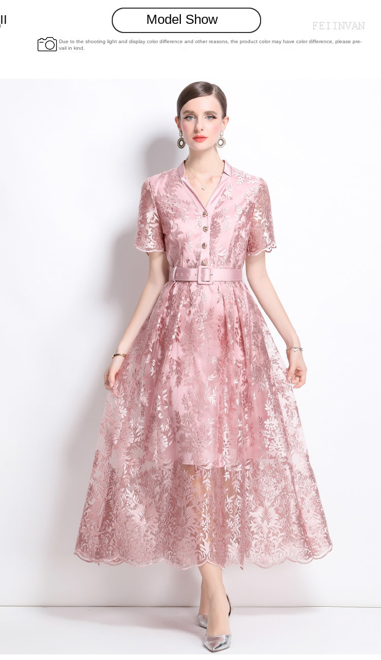 Original design mesh embroidered long dress with pockets, V-neck slim fit dress and belt