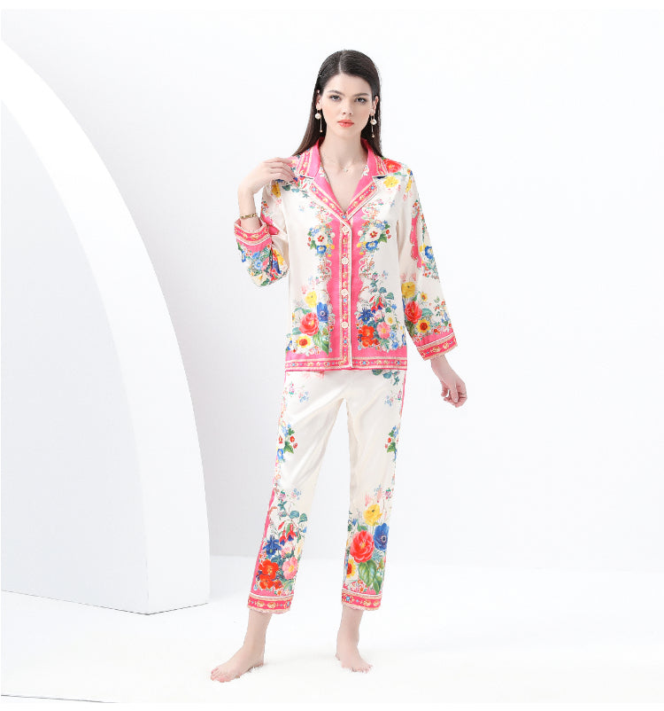 Original design: Spring, Summer, Autumn, Casual Trim, Pajama Set, Suit Collar, Long Sleeves, Long Pants, Printed Two-Piece Set