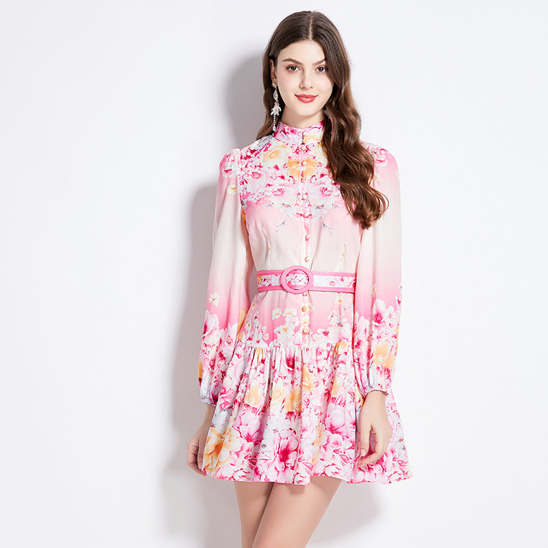Original Design Spring/Summer Autumn Vacation New Flower Oil Painting Style Stand up Collar Long Dress