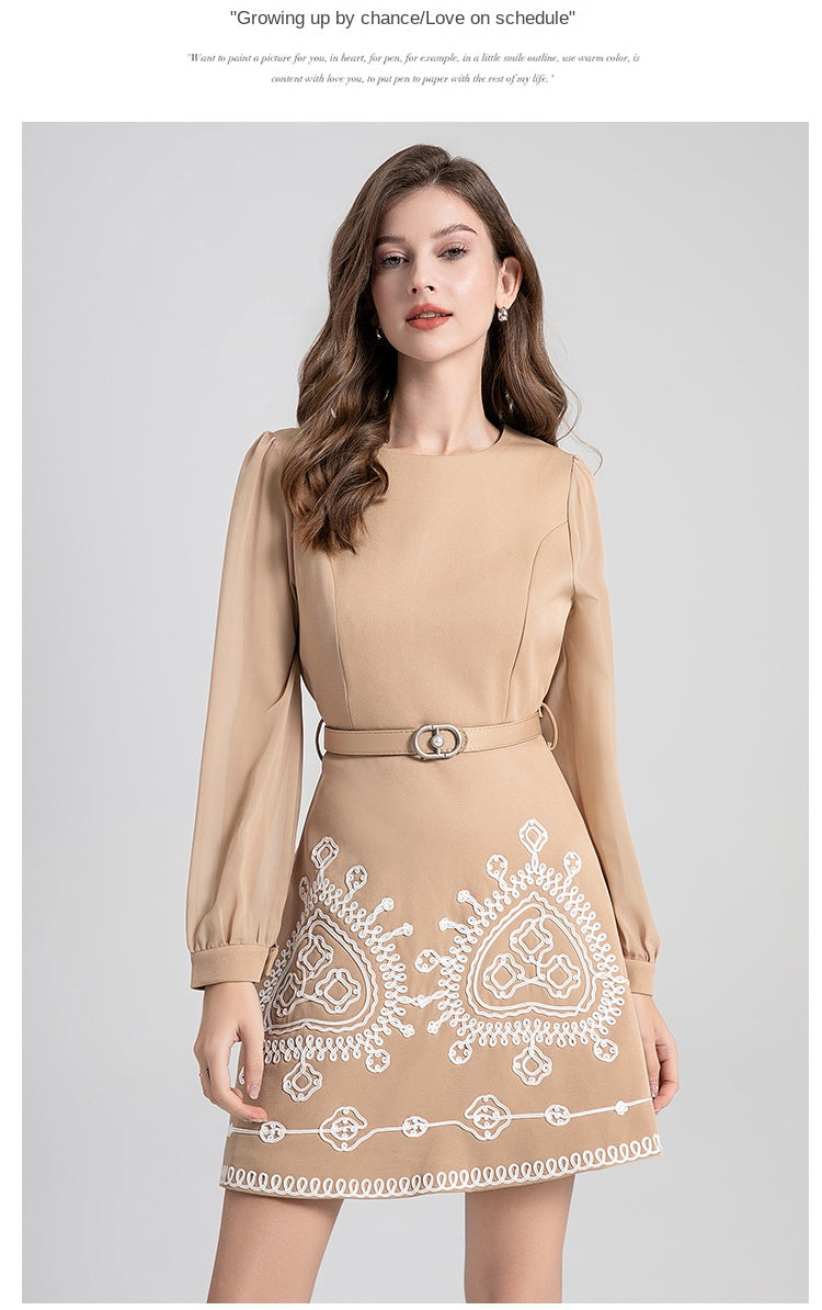 Original Design Light Luxury Heavy Industry Chiffon Splicing Plate Belt Embroidered High Waist Slimming Style Dress