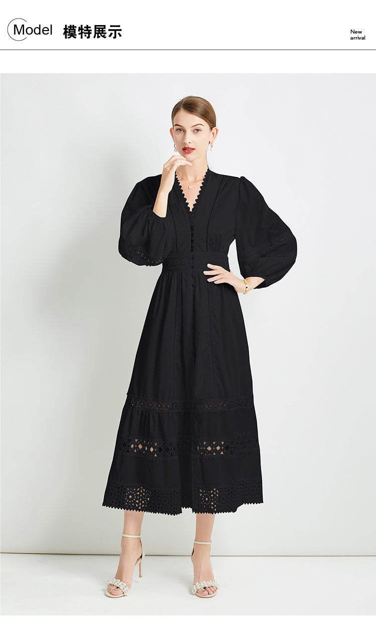 Original design fashionable temperament V-neck patchwork lace hollow out design sense long sleeved waist cinching dress