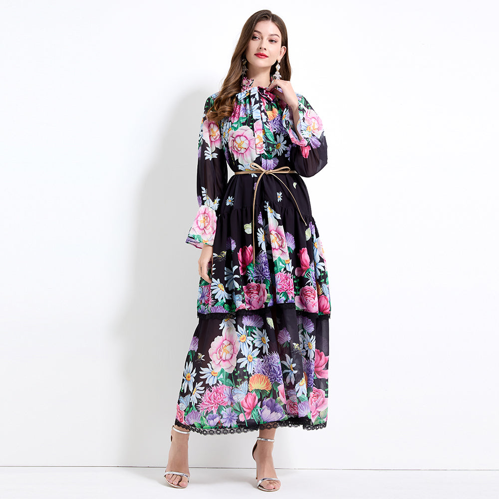 Original design - spring and summer fake lace cake skirt floral print waist ruffle skirt