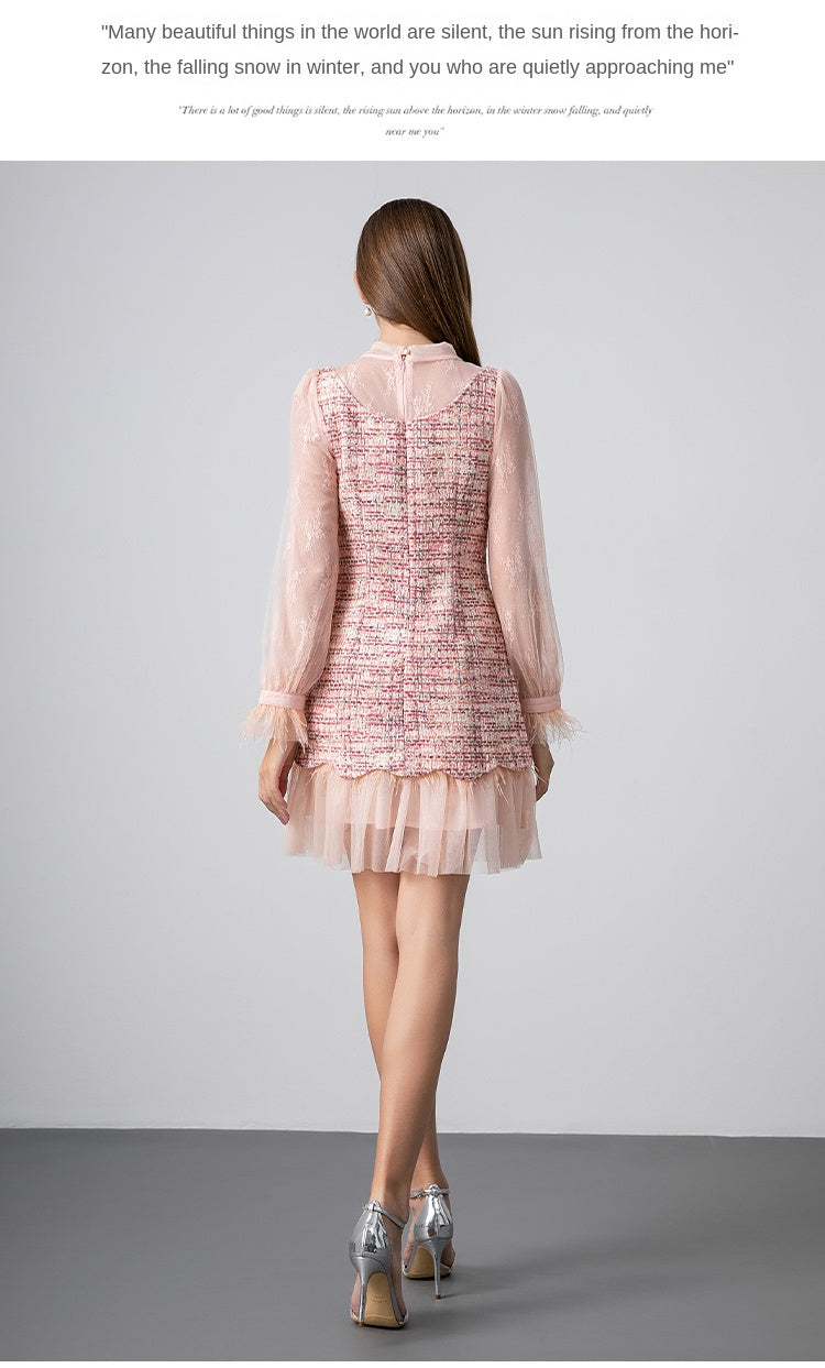 Original design: spring, summer, autumn, art lace stitching, colored tweed, small fragrance, big bow, ostrich feather dress