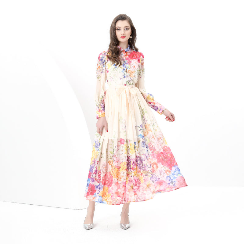 Original design: Spring, autumn and summer retro style balloon sleeve wavy edge long printed dress
