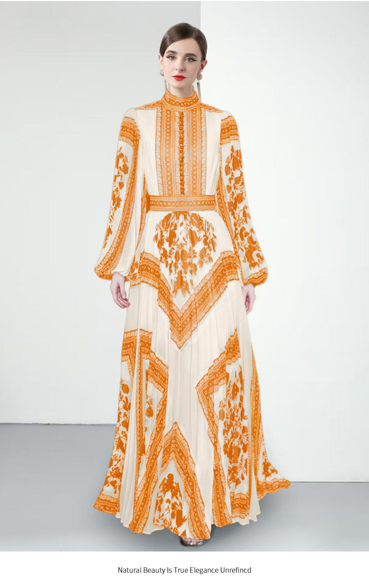 Original design for spring and summer printed evening gown, long pleated dress with large display