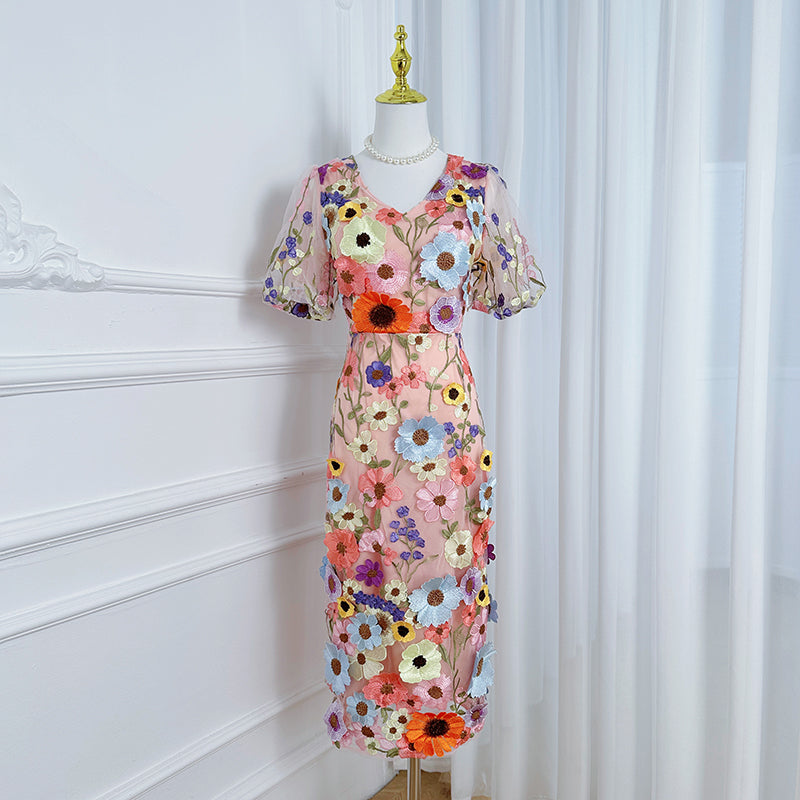 Art embroidery boutique color hand-ordered vintage V-neck slit wrap hip dress