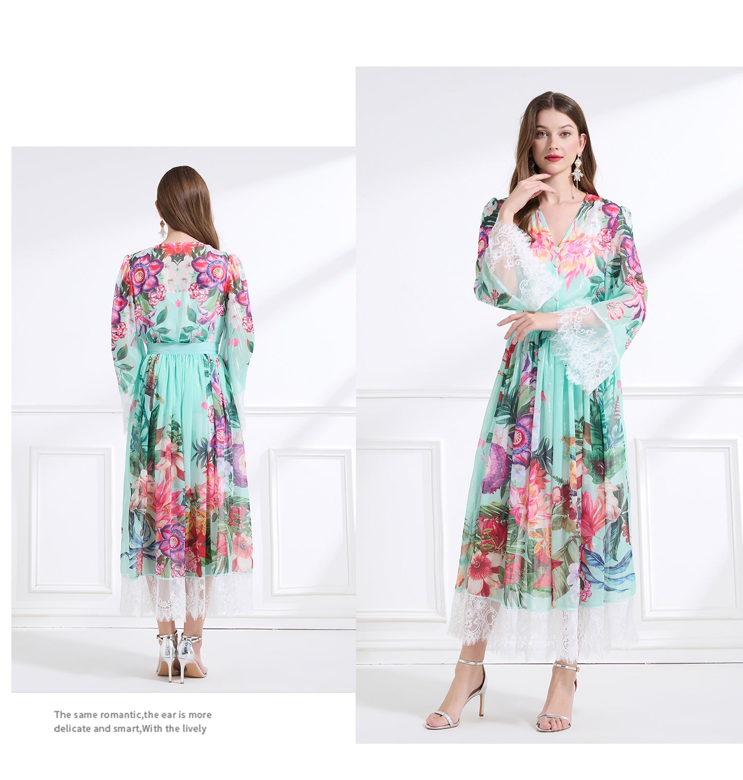 Original design: resort-style V-neck lace print suit, waist-cinching ruffled maxi dress