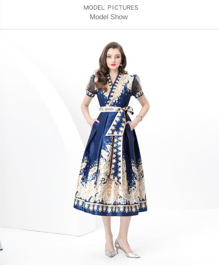 Spring/summer wrap tie style V-neck balloon sleeve long vintage print dress
