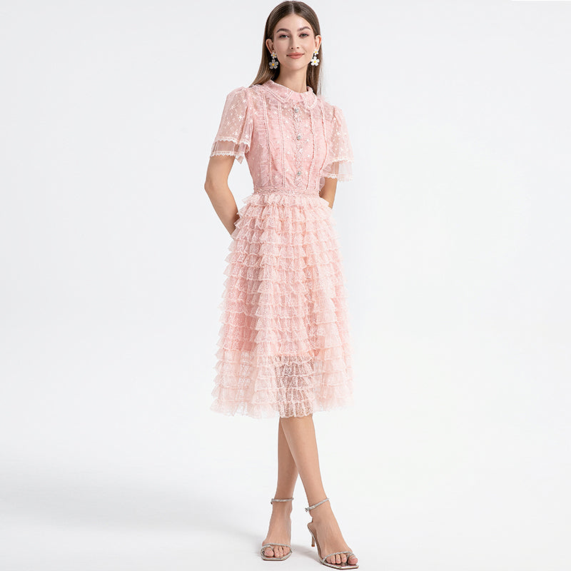 Original design short sleeved French sweet lace lace cake skirt with nail and diamond waist cinching temperament dress