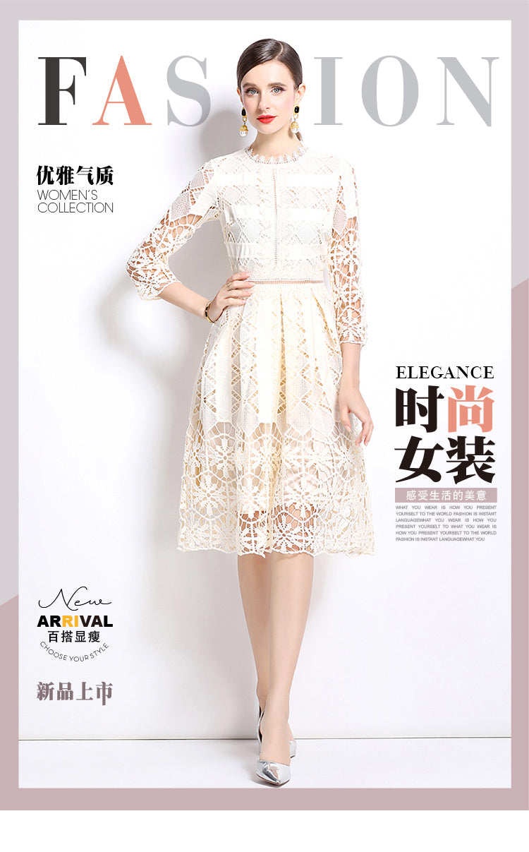 Original design mid long sleeved slimming hollow out water-soluble lace positioning printed mid length dress for spring, summer, autumn vacation