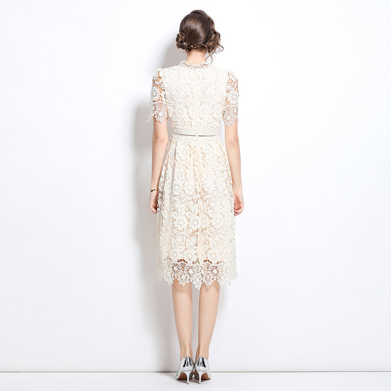 Original design short sleeved slimming hollow out water-soluble lace positioning mid length dress