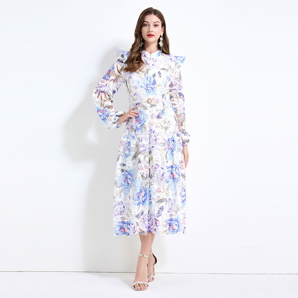 Original design - Spring/Summer vintage stand collar floral print heavy industry water-soluble long waist lace dress