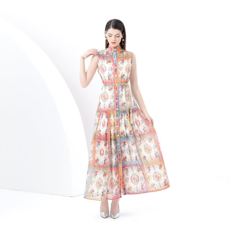 Original design: Spring, Summer, Autumn, vintage style, stand collar, sleeveless, wavy edge, long printed dress 2-piece set