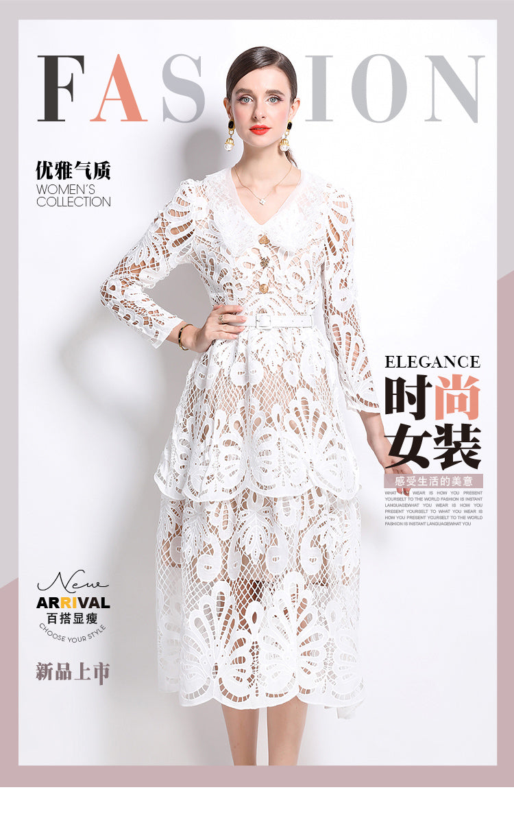 Original Design: Spring and Summer High End Water soluble Embroidered Medium length Skirt with V-neck and Waist cinching to Look Thin Dress