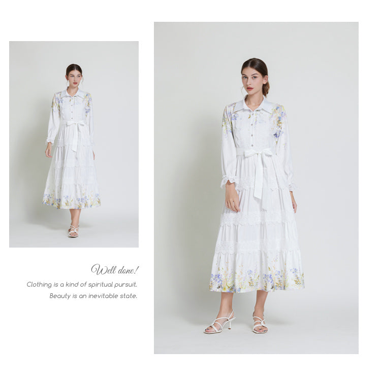Original design fashionable bohemian lapel lace border lantern sleeves cinched waist long printed dress