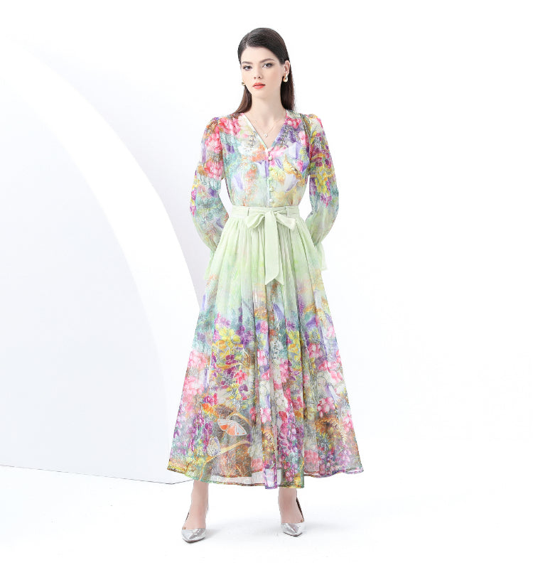 Original design - spring and summer real shot - spot light luxury heavy work chiffon splicing tape embroidery high-waisted thin temperament dress