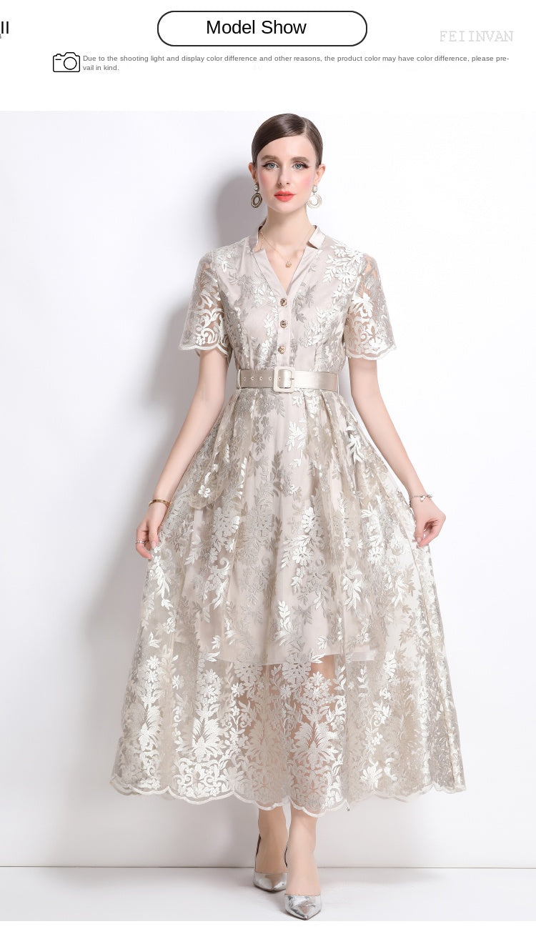 Original design mesh embroidered long dress with pockets, V-neck slim fit dress and belt