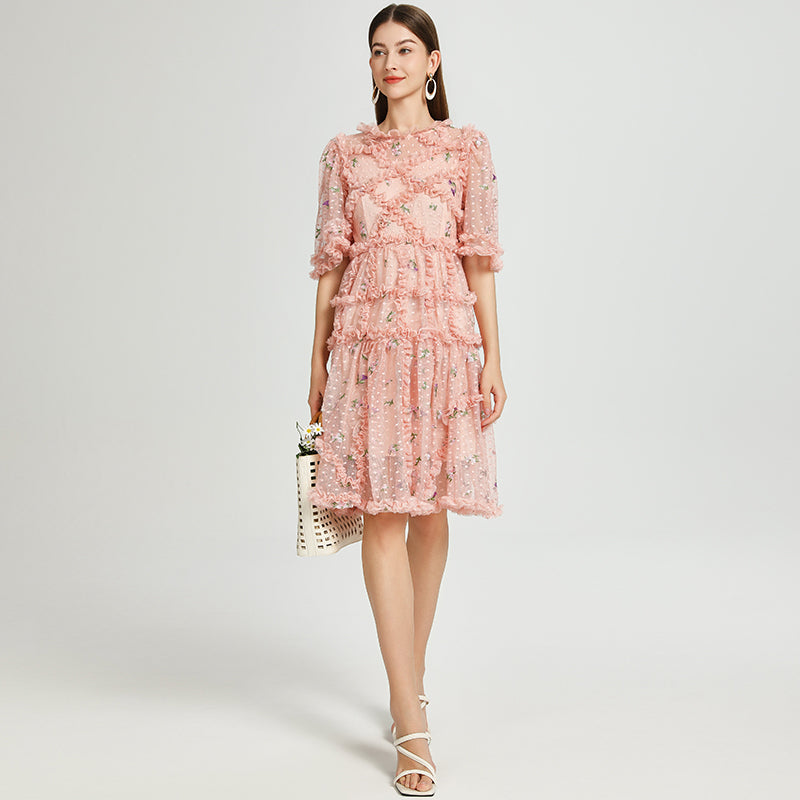 Artwork French romantic boutique custom gauze small floral embroidery short vintage cake dress